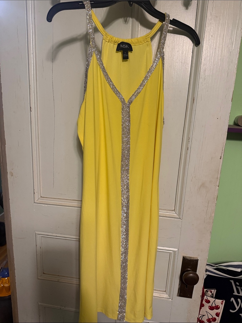 MSK Yellow Halter Midi Dress with Silver Rhinestone Trim